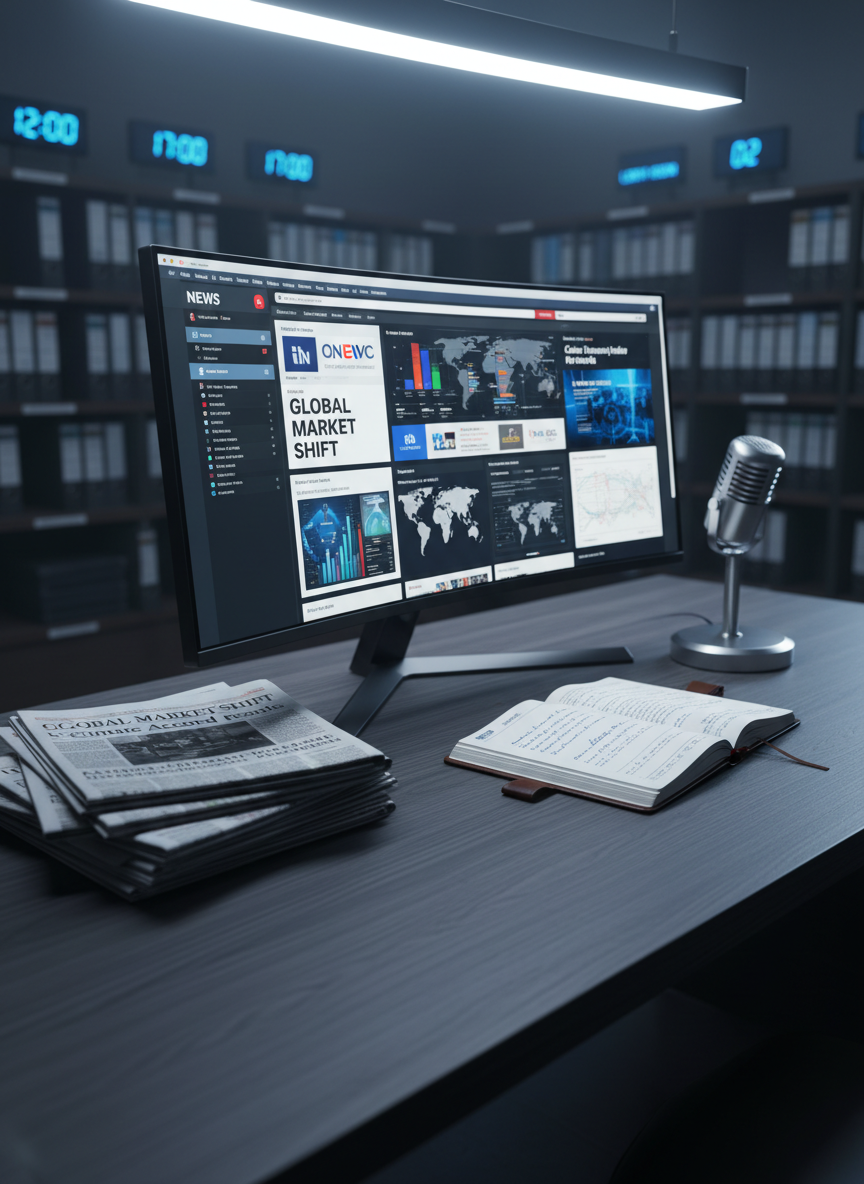 A sleek, modern newsroom-style desk made of dark matte wood with a subtle grain, supporting a large ultra-wide monitor displaying a dynamic news homepage filled with headlines, charts, and maps. Around it, neatly stacked printed newspapers, a brushed metal microphone on a weighted base, and an open leather-bound notebook with precise handwriting create a sense of active reporting. Soft, cool-toned studio lighting falls from above and slightly behind, creating crisp reflections on the screen and gentle shadows under the objects. The background is softly blurred, showing abstract shapes of shelves with labeled archives and glowing digital clocks set to different world time zones. Photographic realism, eye-level composition, with sharp focus on the desk and a calm, authoritative, professional atmosphere.